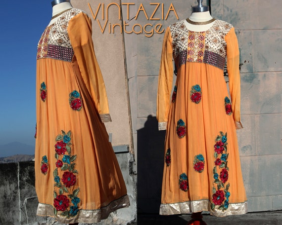 Vtg 70s Ethnic Metallic Dress