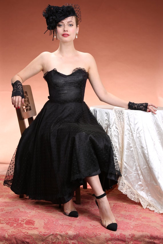 70s Black Jessica McClintock Strapless Dress