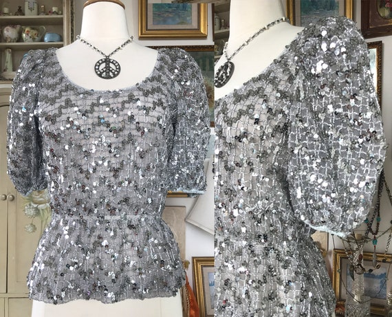 Silver Sequin Puff Sleeve Top