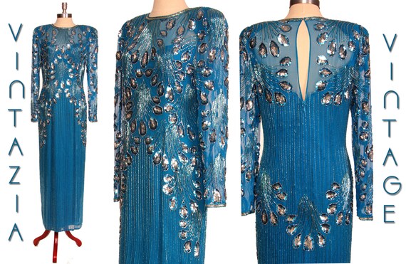 80s Turquoise Beaded Silver Sequin Peacock Maxi Dr
