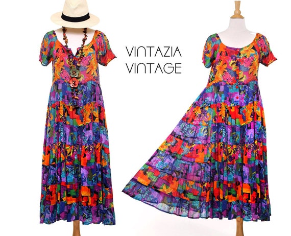 Vintage 80s Bold Hawaiian Print Floral Maxi Dress