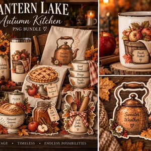 Könnte beinhalten: Eine digitale Sammlung von 12 hochwertigen PNG-Designs mit dem Titel Lantern Lake Autumn Kitchen, die Illustrationen von Tassen, einem Wasserkocher, einem Kuchen und Küchenutensilien mit Herbstblättern und Äpfeln zeigt.