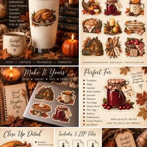 Könnte beinhalten: Ein digitales Set mit 12 PNG-Designs zum Thema Thanksgiving, das Illustrationen von gebratenem Truthahn, Kürbiskuchen, Herbstlaub, Einmachgläsern und rustikalen Hütten enthält, geeignet für verschiedene kreative Bastelprojekte.
