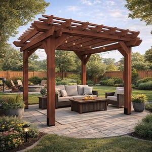 May include: A large, stained-wood pergola with a slatted roof, string lights, and four supporting posts. Beneath the pergola is a gray sofa, two wicker chairs, and a wicker coffee table. The scene is set on a stone patio in a garden.