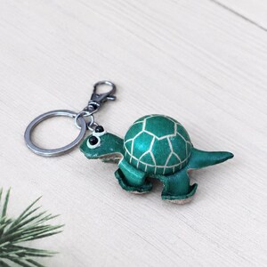 Mini Leather Turtle Keychain, Green Bag Charm, Backpack Accessory, Animal Keyring