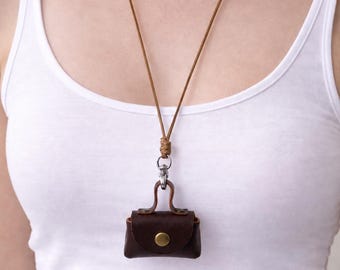 Brown Coin Purse Necklace, AirPods Case Pendant, Small Storage Bag Charm (42cm Cord)