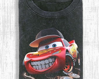 Camiseta vintage de Rayo McQueen lavada, camiseta de Disney Cars, camiseta de hip hop streetwear con estampado de Grillz Cars, bP08MeVa