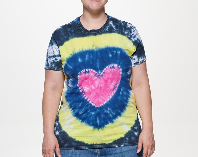 Tie dye Heart shirt pink, blue, yellow, and black t-shirt adult size medium
