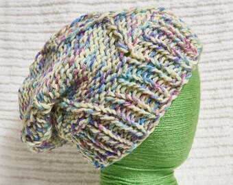 Yellow Knit Hat blue, purple, and yellow mix warm winter hat with criss cross cable knit design
