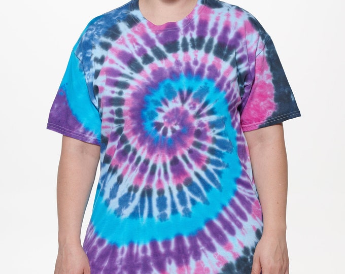 Tie dye blue, pink, black, turquoise, and purple swirl t-shirt adult size large