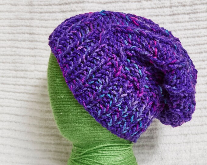 Purple Knit Hat pink, blue, and purple mix warm winter hat with zig zag knit design