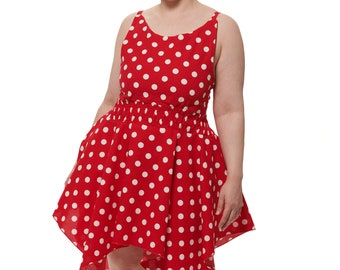 Red and White polka dot dress tie back bodice, handkerchief skirt with smocked waist, adjustable bodice and straps