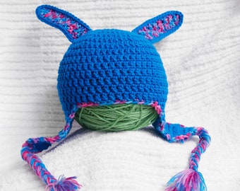 Blue Bunny Hat crocheted bright blue Ear flap hat with blue and pink variated floppy Bunny ears and pigtail braids medium child size