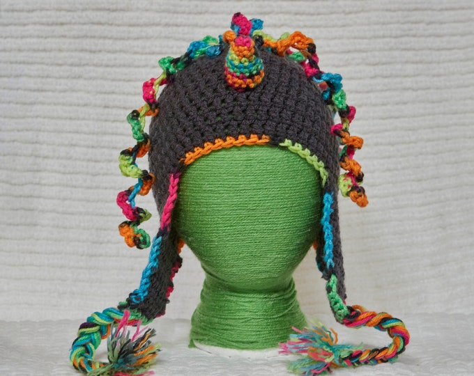 Unicorn hat Charcoal gray crochet ear flap hat with neon accents adult size