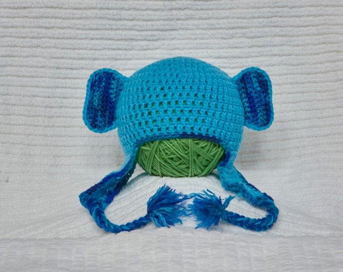 Elephant ear hat Light blue crochet ear flap hat with blue mix variated accents elephant costume hat