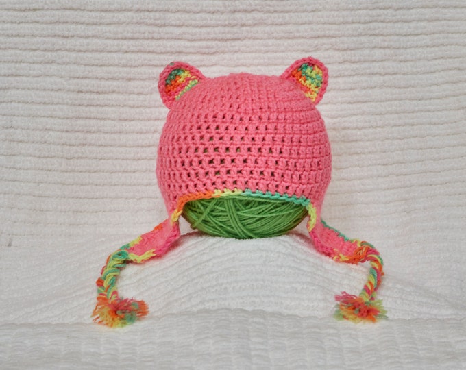Pink Bear Ear Hat Crochet ear flap hat with pink yellow green and orange accented round ears and pigtail braids Medium child size