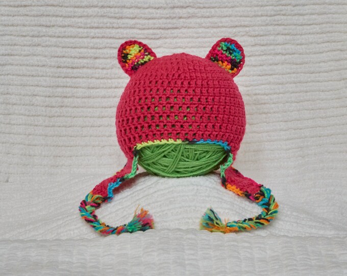 Hot Pink Bear Hat Crochet ear flap hat with Rainbow Neon accented round ears and pigtail braids Medium child size
