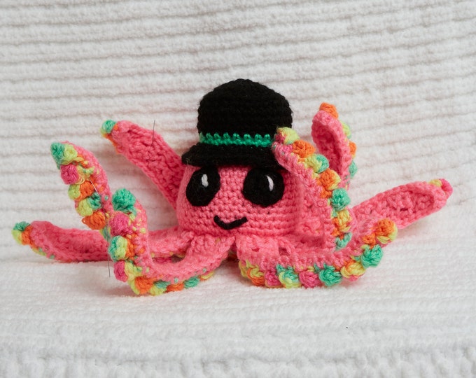 Stuffed Pink Octopus Cute Crochet Octopus with top hat and textured tentacles