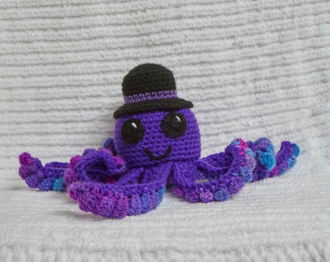Stuffed Purple Octopus Cute Crochet Octopus with top hat and textured tentacles