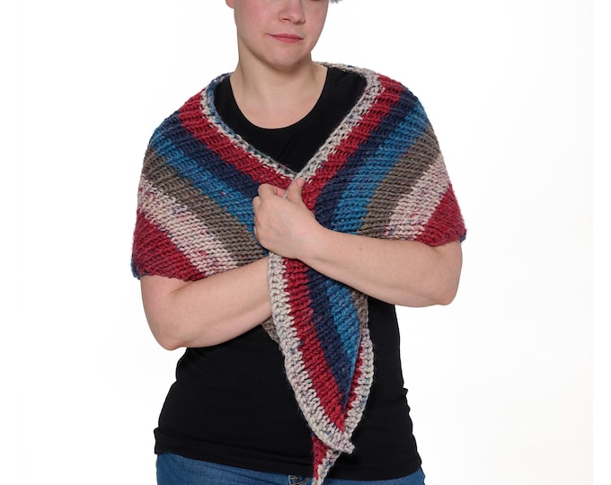 Triangular shaped knit wrap/scarf/shawl in red blue and gray stripes