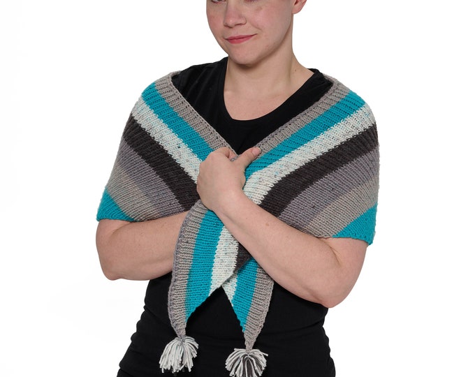 Striped scarf/shawl/wrap triangular shaped knit wrap in blue and gray stripes with tassels