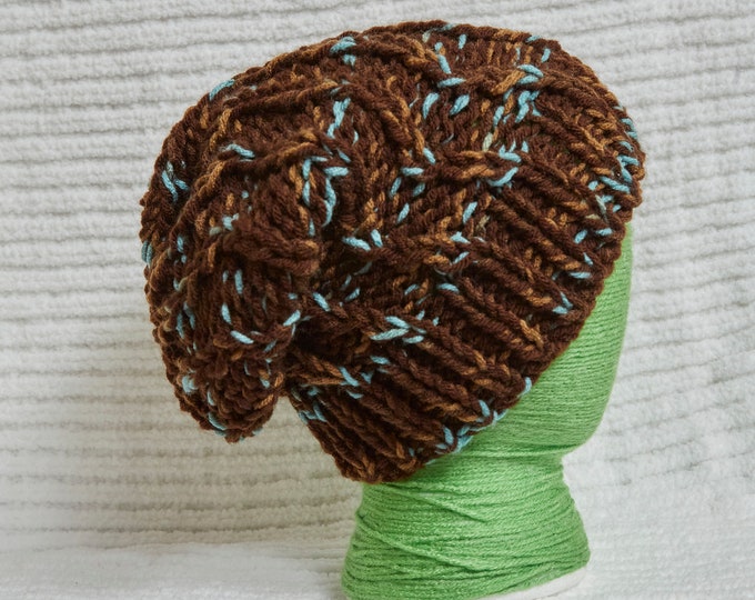 Brown Knit Hat brown and blue mix colored warm winter hat with zig zag knit design
