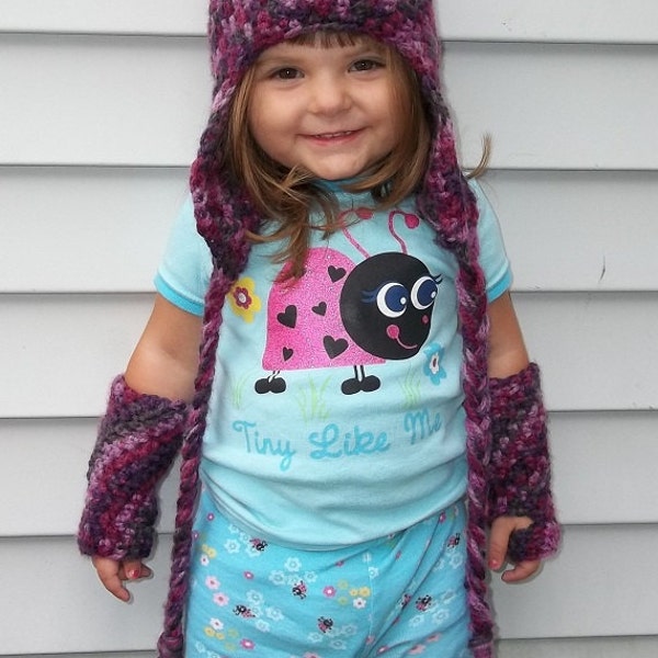 Passender Hut und Arm w&auml;rmer Set Floppy Pompom Hut lila grau rosa Kindergr&ouml;&szlig;e.