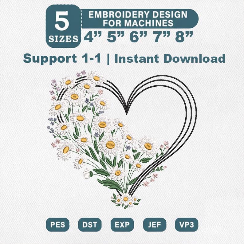 Floral Daisy Heart Wreath Embroidery, Wildflower Heart Design 5 Sizes ...