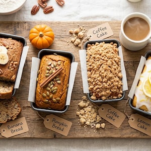 May include: Overhead shot of a wooden cutting board with various baked goods. Includes banana bread, pumpkin bread, coffee cake, and lemon cake. Each loaf is in a small metal pan with a tag. A cup of coffee and a small pumpkin are also present.
