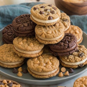 May include: A plate of assorted sandwich cookies with various toppings. Some cookies have chocolate chips, others have peanut butter chips, and some have raisins. The cookies are filled with a creamy filling and are arranged on a blue plate.