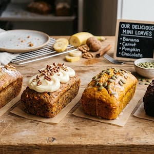 May include: A selection of mini loaves on a wooden surface, including banana, carrot, pumpkin, and chocolate. Each loaf is decorated with toppings such as nuts and seeds. A small chalkboard lists the flavours.