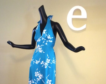 Vintage 70s Tiki Hawaiian Halter Dress 1970s Bright Blue & White Polynesian Tropical Hibiscus Floral Flower Print Cotton by Nani Honolulu S