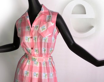 Vintage 60s Pink Gingham Check Rockabilly Day Dress | Bombshell Pin Up  Belted Sleeveless Housewife Sexy Secretary Preppy | NOS SM M
