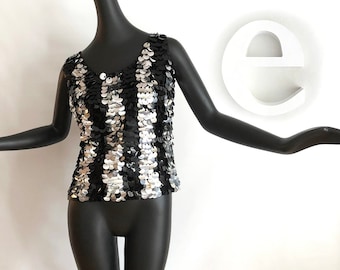 Vintage 60s Rockabilly MOD Sequin Go-go Top | Twiggy Carnaby Street | Black Silver Metallic Oversized Paillette Sequin | Mermaid Fish Scale