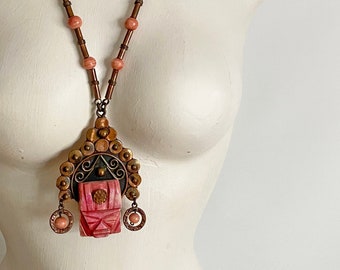 Vintage Pink Onyx Mask Necklace • 1960s 1970s Mexican Copper Face Pendant • Oaxaca Mexico Rockabilly Aztec Jewelry • Large Size •