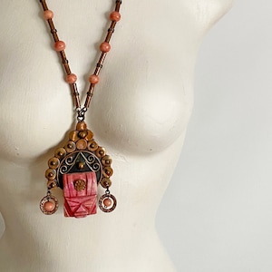 Vintage Pink Onyx Mask Necklace 1960s 1970s Mexican Copper Face Pendant Oaxaca Mexico Rockabilly Aztec Jewelry Large Size image 1