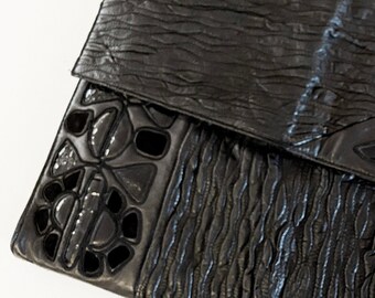 Rare Braccialini Black Leather Fancy Laptop Sleeve / Large Clutch Bag | Designer Purse Tote Clutch Handbag | Italian Designer Made in Italy