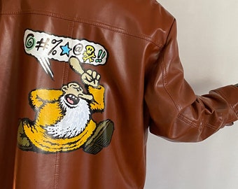 Vintage 70s "Mr. Natural" Robert Crumb Men's Jacket! | Keep On Trucking Comic Adult Book Artist R. Crumb | Leather Look Vinyl | Hippie Man L