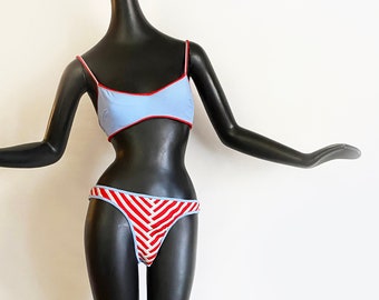 15) Rosa Chá Vintage 90s Brazilian Teeny Bikini Sexy Swimsuit | Blue Red "Bandage" Chevron | NOS New Old Stock Deadstock Made in Brazil