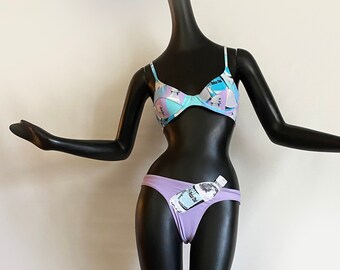 7) Rosa Chá Vintage 90s Brazilian Bikini Sexy Swimsuit | Lavender Lace "Water Bottle" Appliqué | NOS New Old Stock Deadstock Made in Brazil