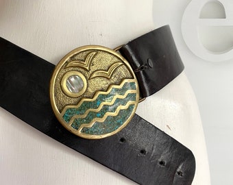 RARE vtg 60s 70s Hippie Belt! | Unisex Hippie Boho "Sunset on the Ocean with Seagulls" Brass Buckle w Mother of Pearl & Turquoise Inlay |