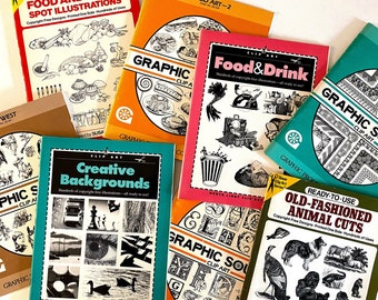 8 Vintage 90s Clip Art Books • Includes RARE Creative Backgrounds • Food Drink Coupons Certificates Animals Old West Cowboy Initials Fonts