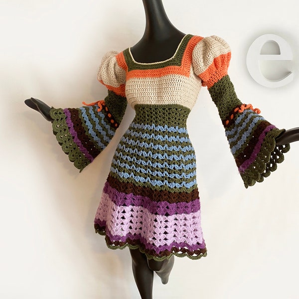 Vintage 1970s Crocheted Boho Hippie Dress! | MOD Boho Festival | Huge Poet Bell Sleeves a la "Stevie Nicks" | Handmade OOAK | Size Small