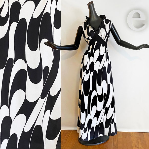 L/XL MOD Maxi Dress! Vintage 60s 70s Black & White Psychedelic Swirl Abstract Op Art Design | Palm Springs MCM Modernism Week Cocktail Party