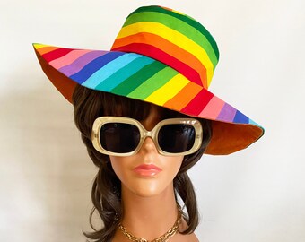 10# Rainbow Stripe Pride Festival • Vintage Fabric Floppy Hat • Vibrant Colorful Hippie Boho LGBTQ Gay Pride Parade / Beach Pool Sun Cap •