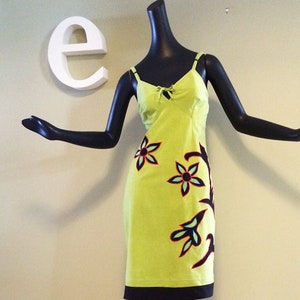 Kiwi Green Hippie Boho Summer Hawaiian Dress Flower Power Tiki Oasis Appliqué Spaghetti Strap A-Line Hippy Festival Dress Size Small