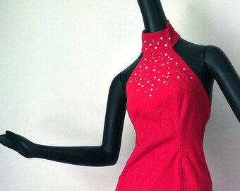 80s Red Denim Dog Collar Halter Dress w Rhinestones Thigh High Slit Vintage 1980s Party Valentines Day Bedazzled Sexy Backless Cotton  Small