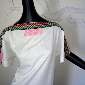 Vintage 70s Hippie Indian Caftan Maxi Dress w Rainbow Stripe Braid & Pink Seed Bead Fringe! Groovy Hippie Southwest Southwestern Navajo