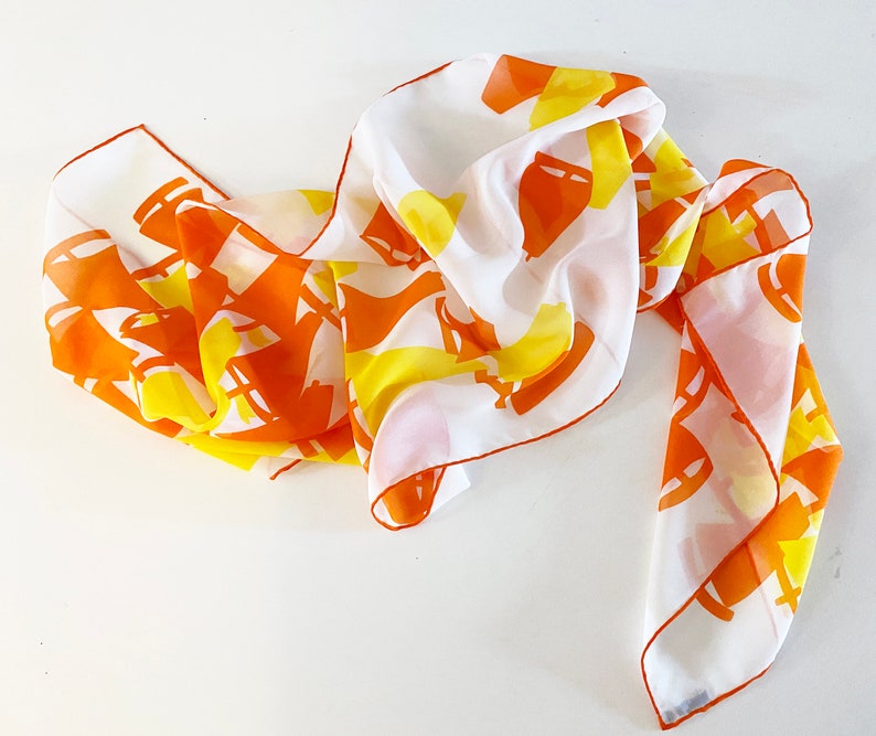 MOD Vintage 70s Sailboat Scarf Sheer Oblong in Bright Orange & Yellow Groovy Hippie Boho Rockabilly Nautical Coastal Boats Design 13x52 image 2