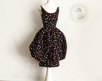 RARE Vintage 1980s Guy Laroche Bubble Balloon Dress | Mod Black Pink Orange Polka Dot | Designer Couture Runway Boutique | FRANCE | sz 34 XS